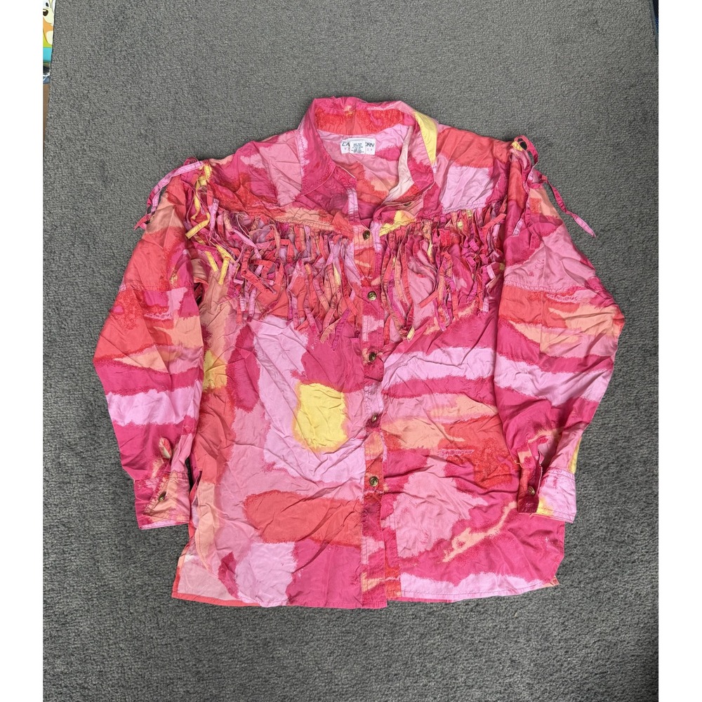 Carol Horn Workshop Silk Fringe Western Shirt Pink Abstract Watercolor Small vtg
